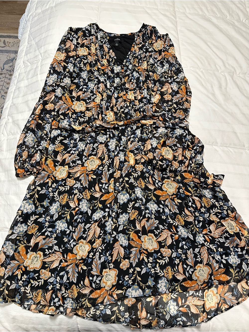 MSK Black Floral V-Neck Long Sleeve Dress with Orange and Cream Accents